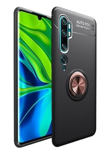 Xiaomi Mi Note 10 Kılıf Ultra Korumalı Yüzüklü Manyetik Ravel Silikon Siyah - Rose + Tam Kaplayan 6D Polimer Nano Ekran Koruyucu