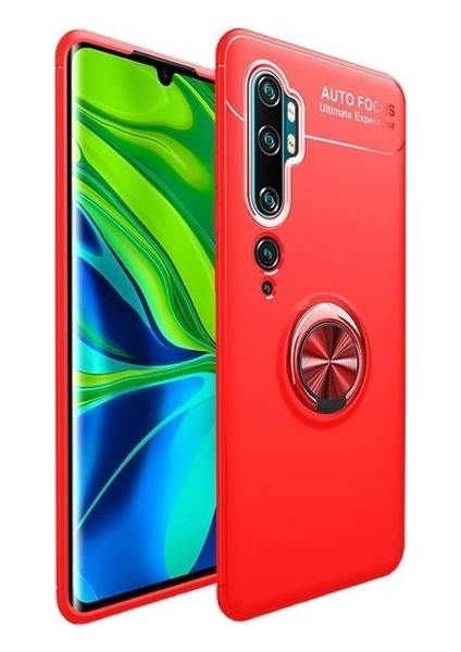 Xiaomi Mi Note 10 Pro Kılıf Ultra Korumalı Yüzüklü Manyetik Ravel Silikon Kırmızı + Tam Kaplayan 6D Polimer Nano Ekran Koruyucu