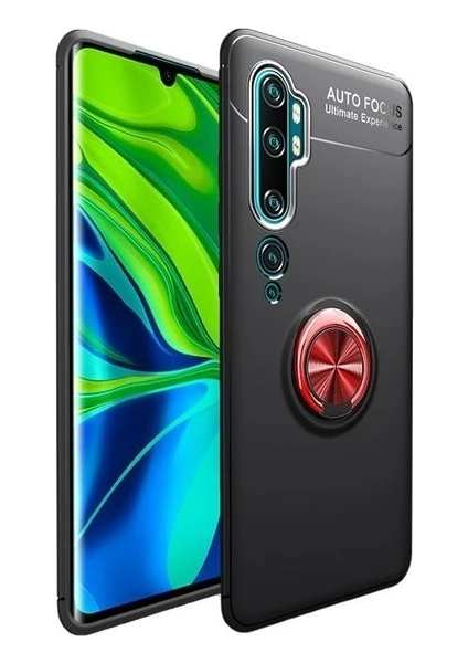 Tekno Grup Xiaomi Mi Note 10 Pro Kılıf Ultra Korumalı Yüzüklü Manyetik Ravel Silikon Siyah - Kırmızı + Tam Kaplayan 6D Polimer Nano Ekran Koruyucu