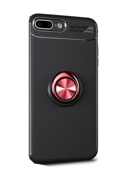 Apple iPhone 6 Plus Kılıf Ultra Korumalı Yüzüklü Manyetik Ravel Silikon Siyah - Kırmızı + Tam Kaplayan 5D Cam Ekran Koruyucu