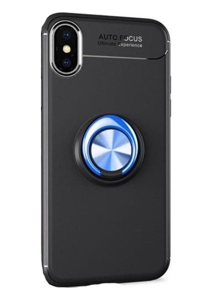 Apple iPhone X/XS Kılıf Ultra Korumalı Yüzüklü Manyetik Ravel Silikon Siyah - Mavi + Tam Kaplayan 5D Cam Ekran Koruyucu