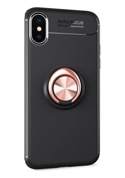 Apple iPhone X/XS Kılıf Ultra Korumalı Yüzüklü Manyetik Ravel Silikon Siyah - Rose + Tam Kaplayan 5D Cam Ekran Koruyucu