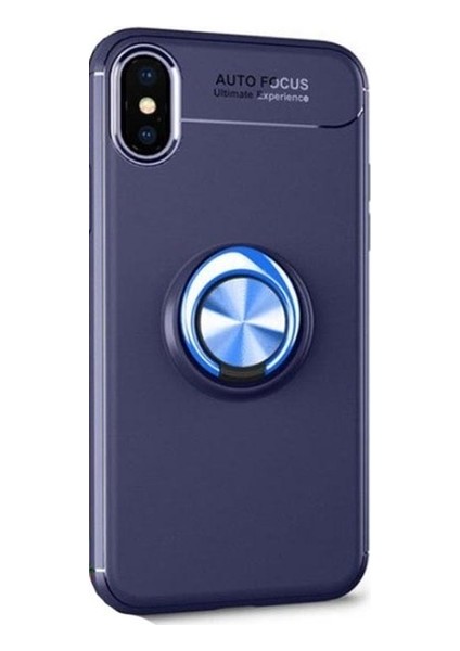 Apple iPhone X/XS Kılıf Ultra Korumalı Yüzüklü Manyetik Ravel Silikon Lacivert + Tam Kaplayan 5D Cam Ekran Koruyucu