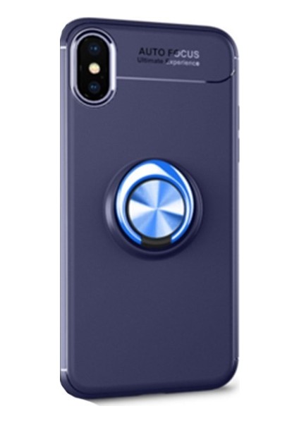 Apple iPhone XR Kılıf Ultra Korumalı Yüzüklü Manyetik Ravel Silikon Lacivert + Tam Kaplayan 5D Cam Ekran Koruyucu