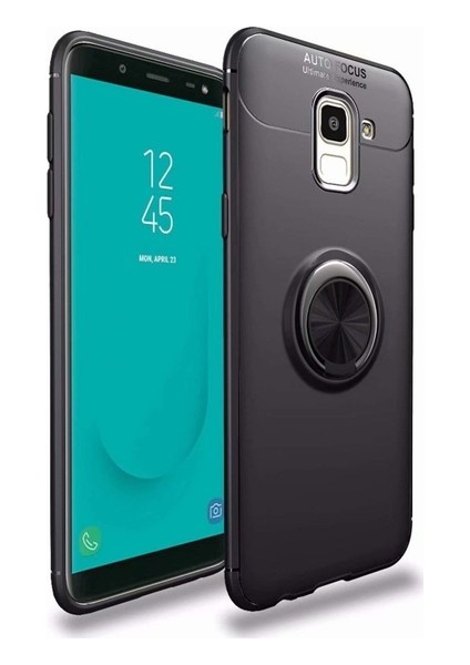 Samsung Galaxy J6 Kılıf Ultra Korumalı Yüzüklü Manyetik Ravel Silikon Siyah + Tam Kaplayan 5D Cam Ekran Koruyucu