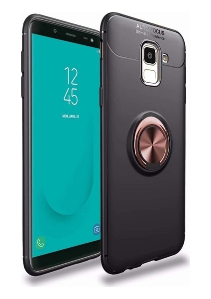 Samsung Galaxy J6 Kılıf Ultra Korumalı Yüzüklü Manyetik Ravel Silikon Siyah - Rose + Tam Kaplayan 5D Cam Ekran Koruyucu