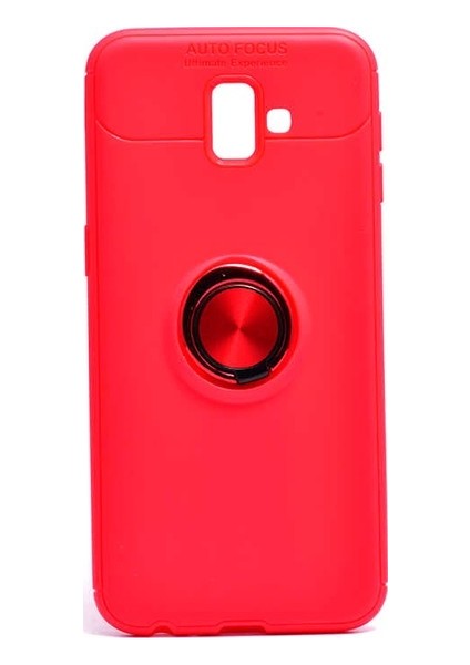 Samsung Galaxy J6 Plus Kılıf Ultra Korumalı Yüzüklü Manyetik Ravel Silikon Kırmızı + Tam Kaplayan 5D Cam Ekran Koruyucu