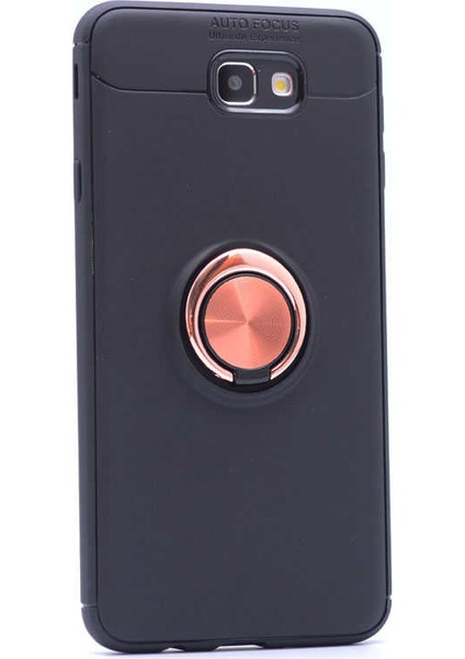 Samsung Galaxy J7 Prime 2 Kılıf Ultra Korumalı Yüzüklü Manyetik Ravel Silikon Siyah - Rose + Tam Kaplayan 5D Cam Ekran Koruyucu