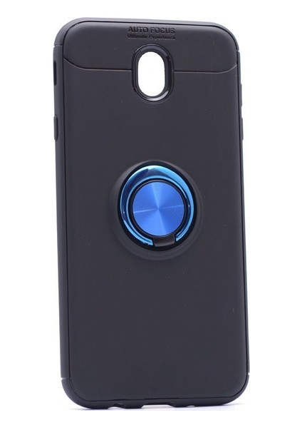 Samsung Galaxy J7 Pro Kılıf Ultra Korumalı Yüzüklü Manyetik Ravel Silikon Siyah - Mavi + Tam Kaplayan 5D Cam Ekran Koruyucu