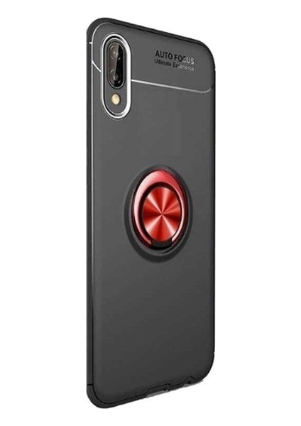 Samsung Galaxy M10 Kılıf Ultra Korumalı Yüzüklü Manyetik Ravel Silikon Siyah - Kırmızı + Tam Kaplayan 5D Cam Ekran Koruyucu