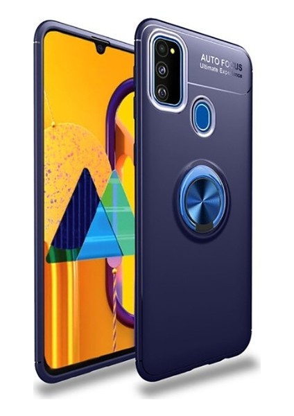 Samsung Galaxy M30S Kılıf Ultra Korumalı Yüzüklü Manyetik Ravel Silikon Lacivert + Tam Kaplayan 5D Cam Ekran Koruyucu