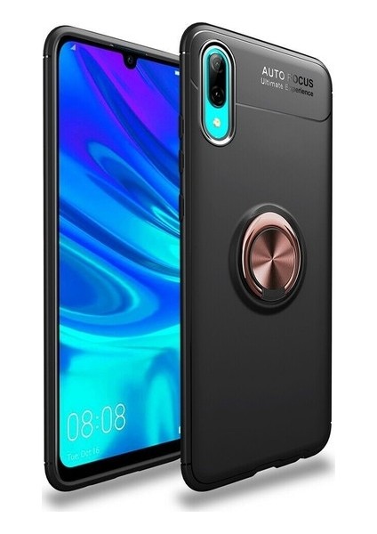Samsung Galaxy A10 Kılıf Ultra Korumalı Yüzüklü Manyetik Ravel Silikon Siyah - Rose + Tam Kaplayan 5D Cam Ekran Koruyucu