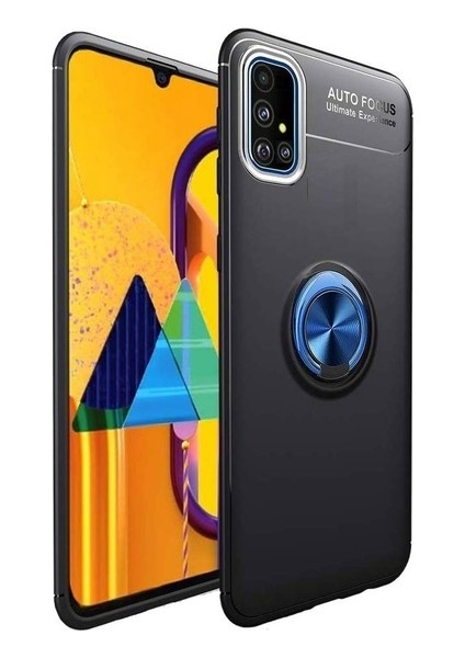 Tekno Grup Samsung Galaxy A51 Kılıf Ultra Korumalı Yüzüklü Manyetik Ravel Silikon Siyah - Mavi + Tam Kaplayan 5D Cam Ekran Koruyucu