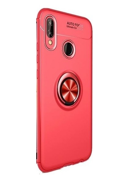 Tekno Grup Huawei P20 Lite Kılıf Ultra Korumalı Yüzüklü Manyetik Ravel Silikon Kırmızı + Tam Kaplayan 5D Cam Ekran Koruyucu