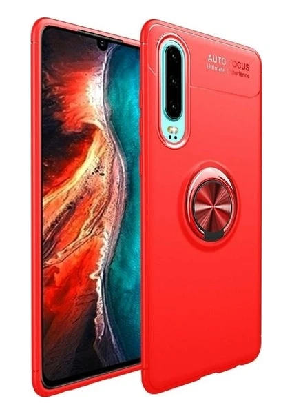 Tekno Grup Huawei P30 Kılıf Ultra Korumalı Yüzüklü Manyetik Ravel Silikon Kırmızı + Tam Kaplayan 5D Cam Ekran Koruyucu