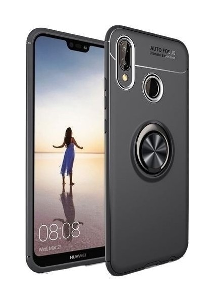 Huawei Y6 2019 Kılıf Ultra Korumalı Yüzüklü Manyetik Ravel Silikon Siyah + Tam Kaplayan 5D Cam Ekran Koruyucu
