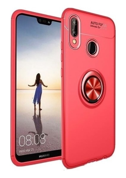 Huawei Y6 2019 Kılıf Ultra Korumalı Yüzüklü Manyetik Ravel Silikon Kırmızı + Tam Kaplayan 5D Cam Ekran Koruyucu