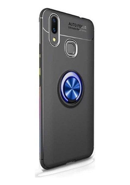Huawei Y6 2019 Kılıf Ultra Korumalı Yüzüklü Manyetik Ravel Silikon Siyah - Mavi + Tam Kaplayan 5D Cam Ekran Koruyucu