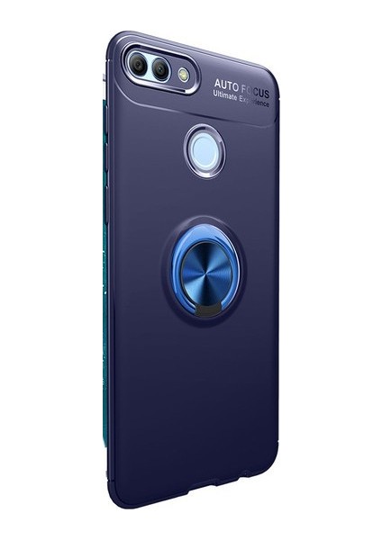 Huawei Y7 2018 Kılıf Ultra Korumalı Yüzüklü Manyetik Ravel Silikon Lacivert + Tam Kaplayan 5D Cam Ekran Koruyucu