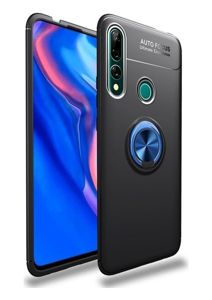 Huawei Y9 Prime 2019 Kılıf Ultra Korumalı Yüzüklü Manyetik Ravel Silikon Siyah - Mavi + Tam Kaplayan 5D Cam Ekran Koruyucu