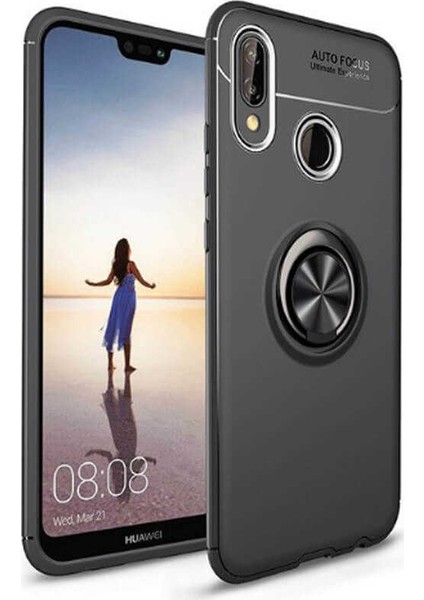 Huawei P Smart 2019 Kılıf Ultra Korumalı Yüzüklü Manyetik Ravel Silikon Siyah + Tam Kaplayan 5D Cam Ekran Koruyucu