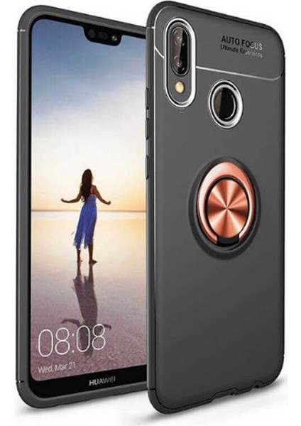 Huawei P Smart 2019 Kılıf Ultra Korumalı Yüzüklü Manyetik Ravel Silikon Siyah - Rose + Tam Kaplayan 5D Cam Ekran Koruyucu
