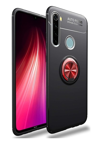 Xiaomi Redmi Note 8 Kılıf Ultra Korumalı Yüzüklü Manyetik Ravel Silikon Siyah - Kırmızı + Tam Kaplayan 5D Cam Ekran Koruyucu