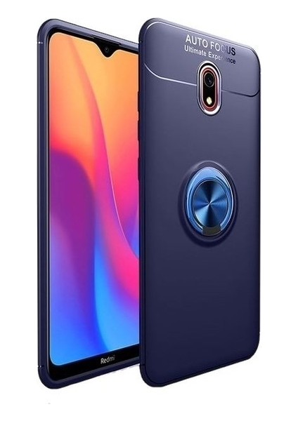 Xiaomi Redmi 8A Kılıf Ultra Korumalı Yüzüklü Manyetik Ravel Silikon Lacivert + Tam Kaplayan 5D Cam Ekran Koruyucu
