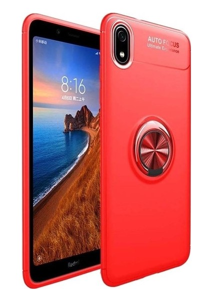 Xiaomi Redmi 7A Kılıf Ultra Korumalı Yüzüklü Manyetik Ravel Silikon Kırmızı + Tam Kaplayan 5D Cam Ekran Koruyucu