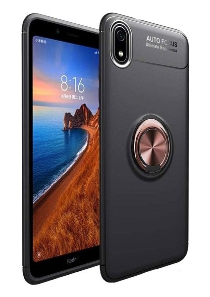 Xiaomi Redmi 7A Kılıf Ultra Korumalı Yüzüklü Manyetik Ravel Silikon Siyah - Rose + Tam Kaplayan 5D Cam Ekran Koruyucu