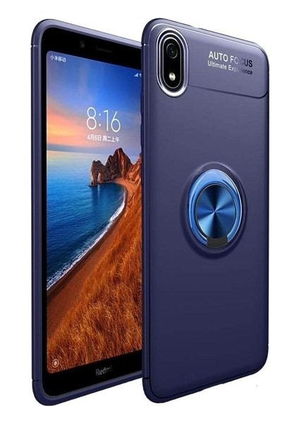 Xiaomi Redmi 7A Kılıf Ultra Korumalı Yüzüklü Manyetik Ravel Silikon Lacivert + Tam Kaplayan 5D Cam Ekran Koruyucu