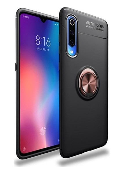 Xiaomi Mi 9SE Kılıf Ultra Korumalı Yüzüklü Manyetik Ravel Silikon Siyah - Rose + Tam Kaplayan 5D Cam Ekran Koruyucu