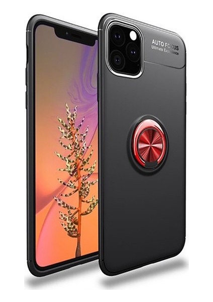 Apple iPhone 11 Pro Kılıf Ultra Korumalı Yüzüklü Manyetik Ravel Silikon Siyah - Kırmızı + Tam Kaplayan 6D Nano Ekran Koruyucu