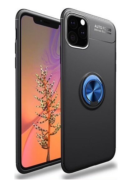 Apple iPhone 11 Pro Kılıf Ultra Korumalı Yüzüklü Manyetik Ravel Silikon Siyah - Mavi + Tam Kaplayan 6D Nano Ekran Koruyucu