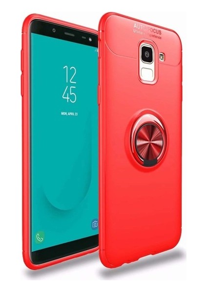 Samsung Galaxy J6 Kılıf Ultra Korumalı Yüzüklü Manyetik Ravel Silikon Kırmızı + Tam Kaplayan 6D Nano Ekran Koruyucu