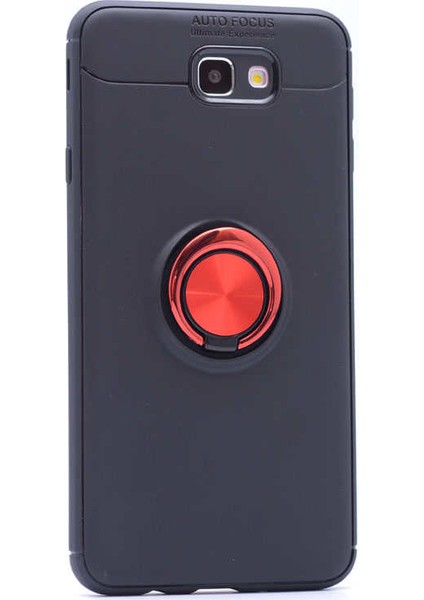 Samsung Galaxy J7 Prime Kılıf Ultra Korumalı Yüzüklü Manyetik Ravel Silikon Siyah - Kırmızı + Tam Kaplayan 6D Nano Ekran Koruyucu