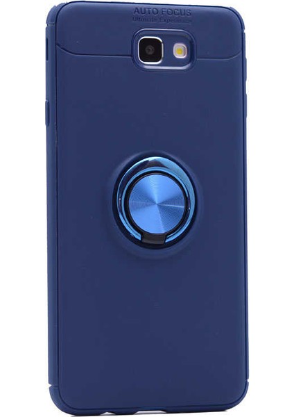Samsung Galaxy J7 Prime Kılıf Ultra Korumalı Yüzüklü Manyetik Ravel Silikon Lacivert + Tam Kaplayan 6D Nano Ekran Koruyucu