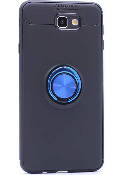Samsung Galaxy J7 Prime 2 Kılıf Ultra Korumalı Yüzüklü Manyetik Ravel Silikon Siyah - Mavi + Tam Kaplayan 6D Nano Ekran Koruyucu