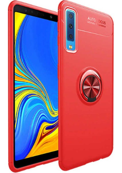 Samsung Galaxy A7 2018 Kılıf Ultra Korumalı Yüzüklü Manyetik Ravel Silikon Kırmızı + Tam Kaplayan 6D Nano Ekran Koruyucu