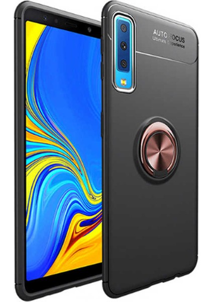 Samsung Galaxy A7 2018 Kılıf Ultra Korumalı Yüzüklü Manyetik Ravel Silikon Siyah - Rose + Tam Kaplayan 6D Nano Ekran Koruyucu