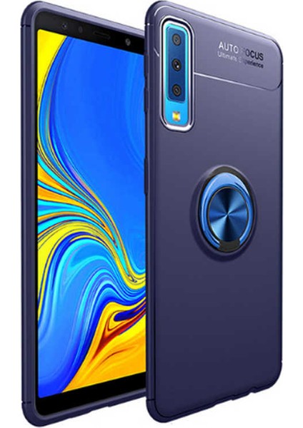 Samsung Galaxy A7 2018 Kılıf Ultra Korumalı Yüzüklü Manyetik Ravel Silikon Lacivert + Tam Kaplayan 6D Nano Ekran Koruyucu