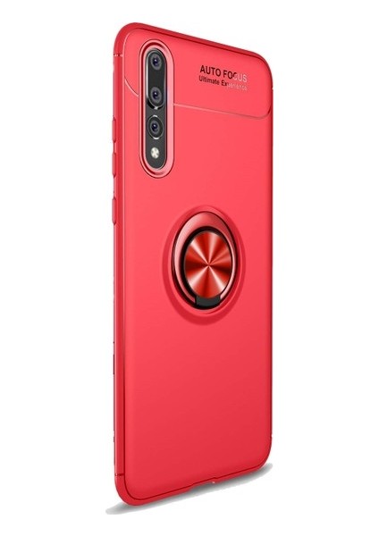 Huawei P20 Pro Kılıf Ultra Korumalı Yüzüklü Manyetik Ravel Silikon Kırmızı + Tam Kaplayan 6D Nano Ekran Koruyucu