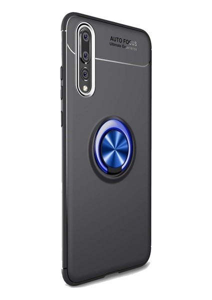Huawei P20 Pro Kılıf Ultra Korumalı Yüzüklü Manyetik Ravel Silikon Siyah - Mavi + Tam Kaplayan 6D Nano Ekran Koruyucu