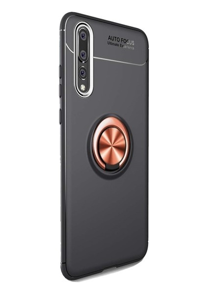 Huawei P20 Pro Kılıf Ultra Korumalı Yüzüklü Manyetik Ravel Silikon Siyah - Rose + Tam Kaplayan 6D Nano Ekran Koruyucu