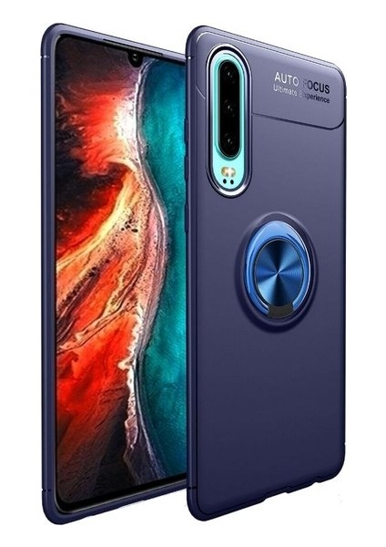 Huawei P30 Kılıf Ultra Korumalı Yüzüklü Manyetik Ravel Silikon Lacivert + Tam Kaplayan 6D Nano Ekran Koruyucu