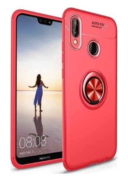Huawei Y7 Prime 2019 Kılıf Ultra Korumalı Yüzüklü Manyetik Ravel Silikon Kırmızı + Tam Kaplayan 6D Nano Ekran Koruyucu