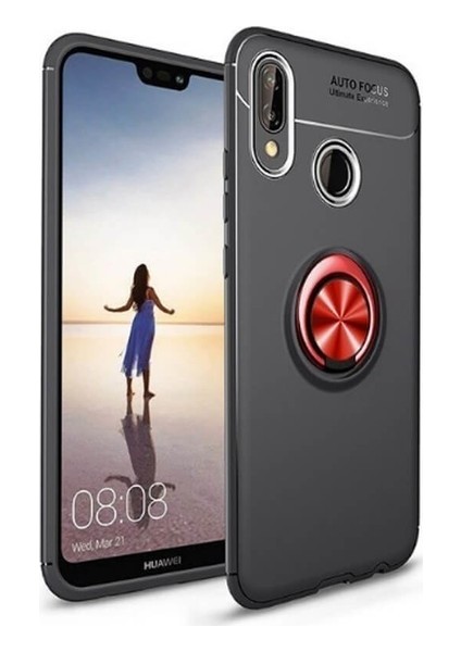 Huawei Y7 Prime 2019 Kılıf Ultra Korumalı Yüzüklü Manyetik Ravel Silikon Siyah - Kırmızı + Tam Kaplayan 6D Nano Ekran Koruyucu