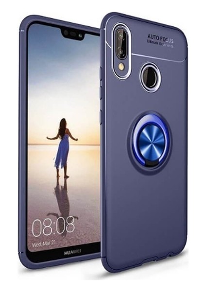 Huawei Y7 Prime 2019 Kılıf Ultra Korumalı Yüzüklü Manyetik Ravel Silikon Lacivert + Tam Kaplayan 6D Nano Ekran Koruyucu