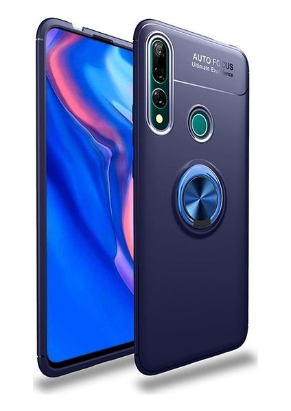 Huawei Y9 Prime 2019 Kılıf Ultra Korumalı Yüzüklü Manyetik Ravel Silikon Lacivert + Tam Kaplayan 6D Nano Ekran Koruyucu