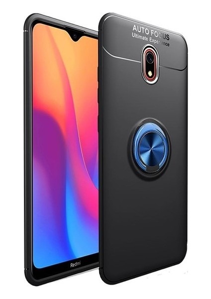Xiaomi Redmi 8A Kılıf Ultra Korumalı Yüzüklü Manyetik Ravel Silikon Siyah - Mavi + Tam Kaplayan 6D Nano Ekran Koruyucu